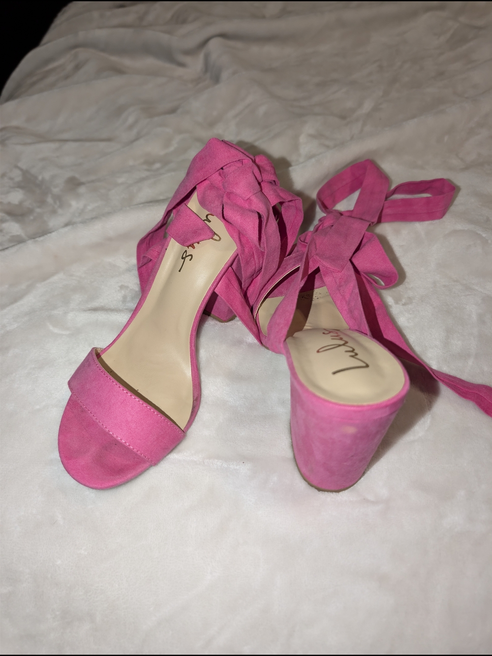 Lulu's Hot Pink Suede Block Heel Sandals with Ankle Wraps